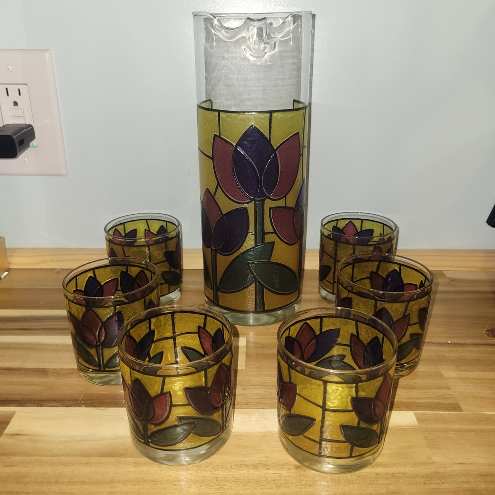 Vtg West Virginia Stained Glass Tulip Pitcher & 6 Lowball Glasses Set 7pc Floral